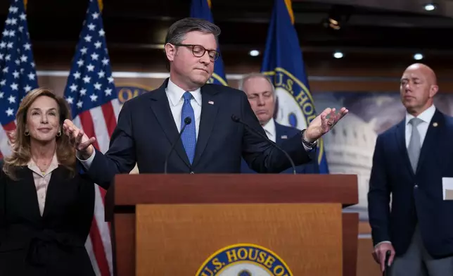 Speaker of the House Mike Johnson, R-La., gestures as he and the GOP leadership talk about the war against Iran, during a news conference at the Capitol in Washington, Wednesday, March 4, 2026. (AP Photo/J. Scott Applewhite)