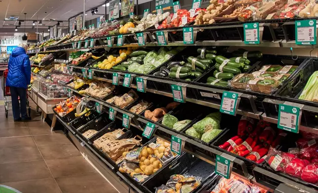 Vegetables in a super market are pictured in Wehrheim near Frankfurt, Germany, Tuesday, March 31, 2026. (AP Photo/Michael Probst)