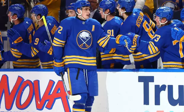 Buffalo Sabres center Tage Thompson (72) celebrates his goal during the second period of an NHL hockey game against the Nashville Predators, Saturday, March 7, 2026, in Buffalo, N.Y. (AP Photo/Jeffrey T. Barnes)