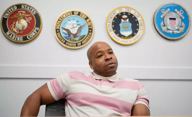 Army veteran A.J. Mayo sits during an interview Monday, March 2, 2026, in Clarksville, Tenn. (AP Photo/George Walker IV)