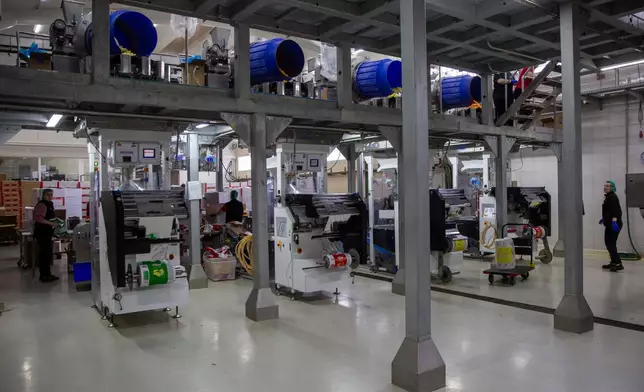 Workers are seen at production line of Vipa Chips factory in the village of Pestove, Kosovo on March 26, 2026. (AP Photo/Visar Kryeziu)
