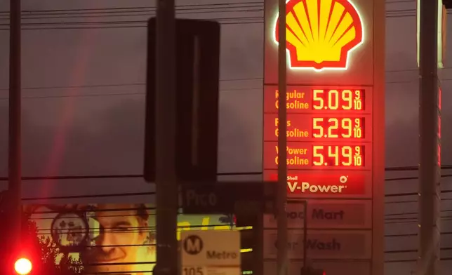 Gas prices are displayed, Monday, March 9, 2026, in Los Angeles. (AP Photo/Damian Dovarganes)