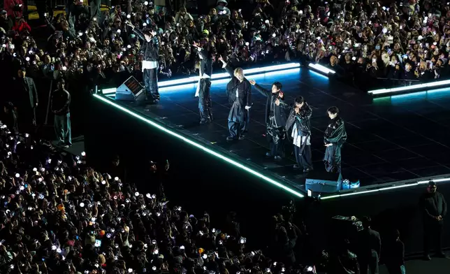 Kpop group BTS perform during 'BTS The Comeback Live Arirang' concert in central Seoul, South Korea, March 21, 2026. (Kim Hong-Ji/Pool Photo via AP)