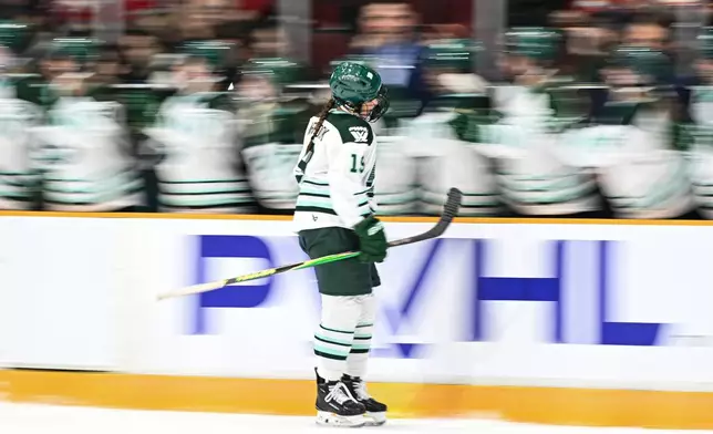 Boston Fleet's Abby Newhook (19) celebrates her goal with teammates during the first period of an PWHL hockey game in Ottawa, Saturday, Feb. 28, 2026. (Spencer Colby/The Canadian Press via AP)