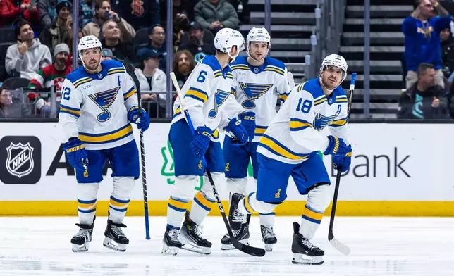 From left, St. Louis Blues defenseman Justin Faulk, defenseman Philip Broberg, right wing Jimmy Snuggerud, and center Robert Thomas celebrate after a goal by Thomas during the third period of an NHL hockey game against the Seattle Kraken, Wednesday, March 4, 2026, in Seattle. (AP Photo/Maddy Grassy)