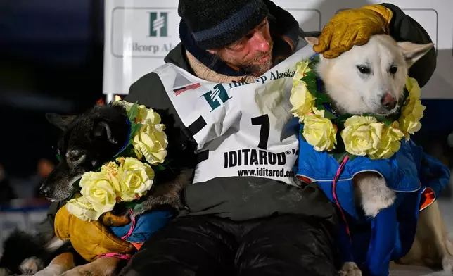 Jessie Holmes poses with his lead dogs Zeus, left, and Polar, after claiming his second straight Iditarod Trail Sled Dog Race championship, in Nome, Alaska, Tuesday March 17, 2026. (Marc Lester/Anchorage Daily News via AP)