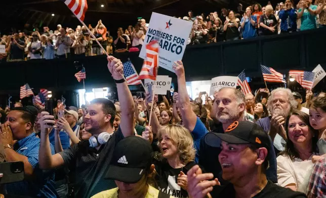 Supporters of James Talarico, a Texas Democratic primary candidate for U.S. Senate, cheer during an event, Sunday, March 1, 2026, in San Antonio, Texas. (AP Photo/Brenda Bazán)