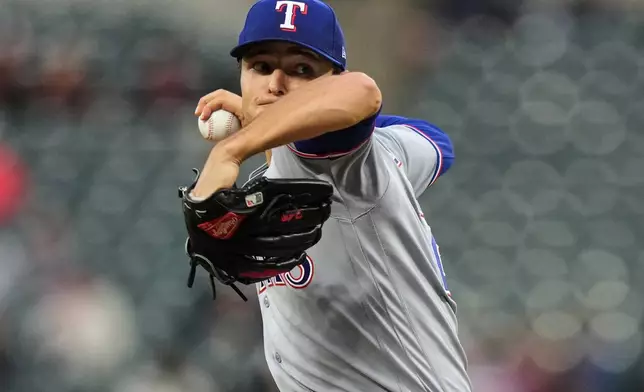 Texas Rangers starting pitcher Jack Leiter delivers during the first inning of a baseball game against the Baltimore Orioles, Monday, March 30, 2026, in Baltimore. (AP Photo/Stephanie Scarbrough)