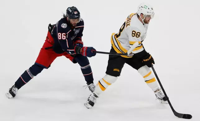 Boston Bruins' David Pastrnak, right, carries the puck into the offfensive zone as Columbus Blue Jackets' Kirill Marchenko defends during the overtime period of an NHL hockey game, Sunday, March 29, 2026, in Columbus, Ohio. (AP Photo/Jay LaPrete)