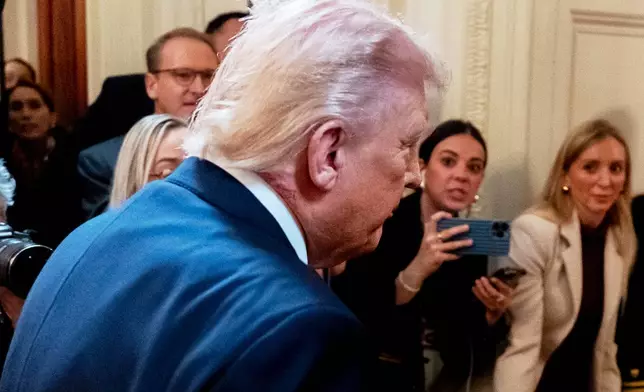 President Donald Trump departs after a Medal of Honor ceremony in the East Room of the White House, Monday, March 2, 2026, in Washington. (AP Photo/Alex Brandon)