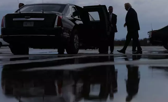 President Donald Trump walks to his vehicle after arriving on Air Force One at Cincinnati/Northern Kentucky International Airport, Wednesday, March 11, 2026, in Hebron, Ky. (AP Photo/Julia Demaree Nikhinson)