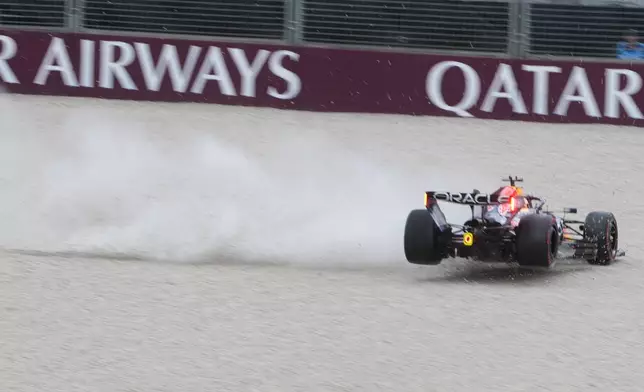 Red Bull driver Max Verstappen of the Netherlands spins off the track during the qualifying session for the Australian Formula One Grand Prix at Albert Park, in Melbourne, Australia, Saturday, March 7, 2026. (AP Photo/Asanka Brendon Ratnayake)