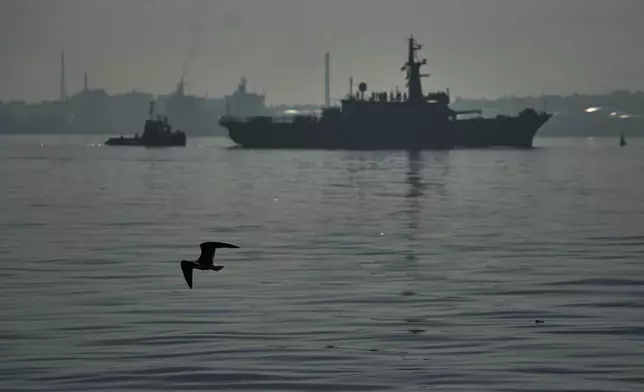 Mexican ship ARM Huasteco, carrying aid according to the Mexican government, arrives to Havana Bay, Cuba, Friday, March 13, 2026. (AP Photo/Ramon Espinosa)