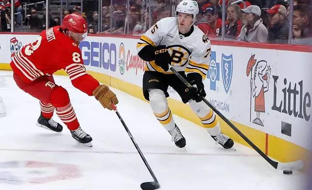 Detroit Red Wings defenseman Ben Chiarot (8) guards against Boston Bruins left wing Lukas Reichel (75) during the second period of an NHL hockey game Saturday, March 21, 2026, in Detroit. (AP Photo/Duane Burleson)