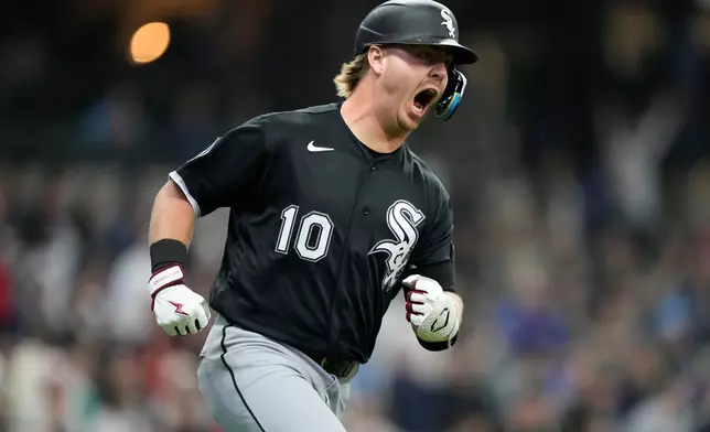 Chicago White Sox's Chase Meidroth reacts after hitting a home run in the first inning of an opening-day baseball game against the Milwaukee Brewers, Thursday, March 26, 2026, in Milwaukee. (AP Photo/Kayla Wolf)