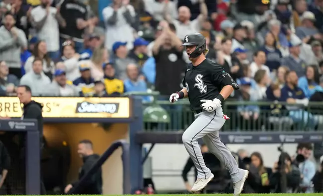 Chicago White Sox's Chase Meidroth runs the bases after hitting a home run during the first inning of an opening-day baseball game against the Milwaukee Brewers, Thursday, March 26, 2026, in Milwaukee. (AP Photo/Kayla Wolf)