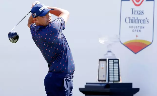 Gary Woodland tees off on the first hole during the final round of the Texas Children's Houston Open golf tournament Sunday, March 29, 2026, in Houston. (AP Photo/Michael Wyke)