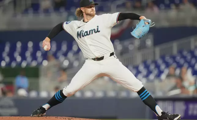 Miami Marlins starting pitcher Chris Paddack aims a pitch during the first inning of a baseball game against the Chicago White Sox Monday, March 30, 2026, in Miami. (AP Photo/Marta Lavandier)