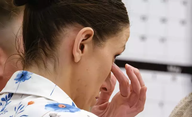 Defendant Kouri Richins, accused of poisoning her husband in March 2022, listens to closing arguments in Third District Court, Monday, March 16, 2026, in Park City, Utah. (David Jackson/Pool Photo via AP)