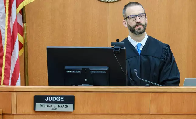 Judge Richard Mrazik listens to closing arguments in the Kouri Richins trial where she is accused of poisoning her husband in March 2022, in Third District Court, Monday, March 16, 2026, in Park City, Utah. (David Jackson/Pool Photo via AP)