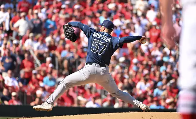 Tampa Bay Rays' Drew Rasmussen pitches against the St. Louis Cardinals during the first inning of an opening-day baseball game, Thursday, March 26, 2026, in St. Louis. (AP Photo/Jeff Le)