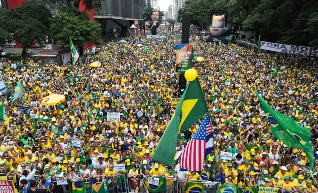Supporters of former President Jair Bolsonaro take part in a protest against President Luiz Inacio Lula da Silva in Sao Paulo, Sunday, March 1, 2026. (AP Photo/Andre Penner)