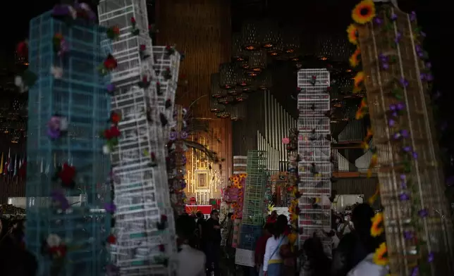 Bird vendors with decorated bird cages enter the Basilica of Guadalupe during their annual pilgrimage in Mexico City, Sunday, March 29, 2026. (AP Photo/Eduardo Verdugo)
