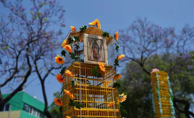 Decorated cages sit on a road during an annual pilgrimage of bird sellers to the Basilica of Guadalupe in Mexico City, Sunday, March 29, 2026. (AP Photo/Eduardo Verdugo)