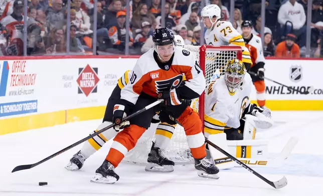 Philadelphia Flyers' Bobby Brink (10) tries to wrap the puck around Boston Bruins' goalie Jeremy Swayman (1) during the second period of an NHL hockey game Saturday, Feb. 28, 2026, in Philadelphia. (AP Photo/Chris Szagola)