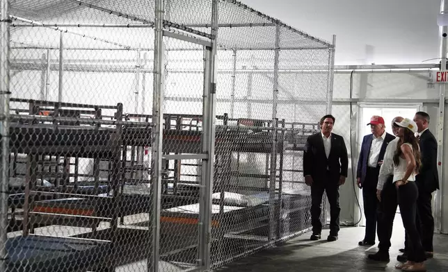 FILE - President Donald Trump, Gov. Ron DeSantis, R-Fla., and Homeland Security Secretary Kristi Noem, and others, tour "Alligator Alcatraz," a new migrant detention facility at Dade-Collier Training and Transition facility, July 1, 2025, in Ochopee, Fla. (AP Photo/Evan Vucci, File)