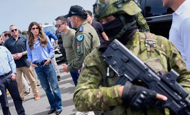 FILE - U.S. Homeland Security Secretary Kristi Noem speaks with accompanied by Ecuador's President Daniel Noboa, as she tours Ulpiano Paez Air Base, Nov. 6, 2025, in Salinas, Ecuador. (AP Photo/Alex Brandon, Pool, File)