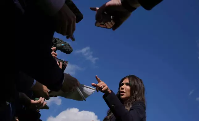 FILE - U.S. Secretary of Homeland Security Kristi Noem speaks to the media during the Five Country Ministerial meeting at the Honourable Artillery Company in London, Sept. 8, 2025. (AP Photo/Kin Cheung, File)