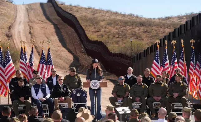 FILE - Kristi Noem, Secretary of the Department of Homeland Security, speaks at the border with Mexico, Feb. 4, 2026, in Nogales, Ariz. (AP Photo/Ross D. Franklin, File)