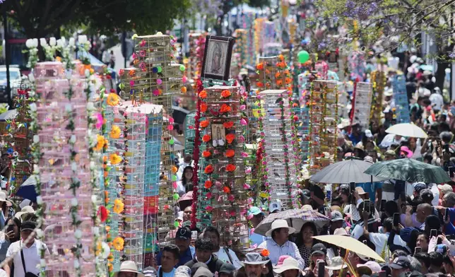 People walk with decorated bird cages during an annual pilgrimage of bird vendors to the Basilica of Guadalupe in Mexico City, Sunday, March 29, 2026. (AP Photo/Eduardo Verdugo)