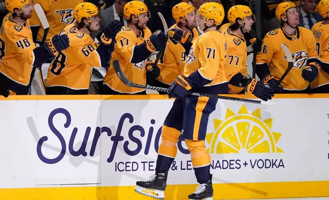 Nashville Predators right wing Matthew Wood (71) celebrates his goal with teammates during the first period of an NHL hockey game against the San Jose Sharks, Tuesday, March 24, 2026, in Nashville, Tenn. (AP Photo/George Walker IV)