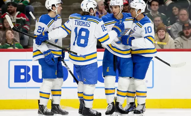 The St. Louis Blues congratulate defenseman Logan Mailloux (23) on his goal during the second period of an NHL hockey game against the Minnesota Wild Sunday, March 1, 2026, in St. Paul, Minn. (AP Photo/Ellen Schmidt)