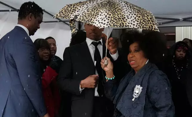 Jacqueline Jackson leaves the Public Homegoing Service for Rev. Jesse Jackson at the House of Hope after the service ended in Chicago, Friday, March 6, 2026 (AP Photo/Erin Hooley)