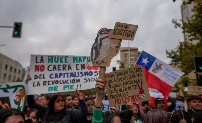 A protester holds a sign that reads in Spanish, "No punishment," a pun involving the name of Chile's President Jose Antonio Kast, during a march marking World Water Day demanding greater environmental protection and animal welfare, in Santiago, Chile, Sunday, March 22, 2026. (AP Photo/Esteban Felix)
