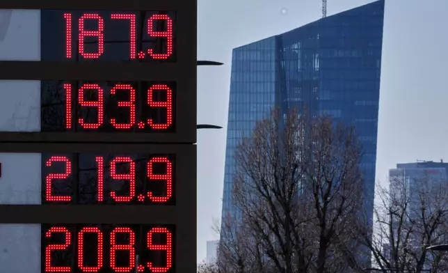 Gas prizes are displayed at a gas station with the European Central Bank in background in Frankfurt, Germany, Monday, March 2, 2026. (AP Photo/Michael Probst)