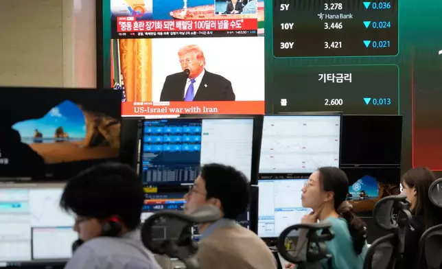 U.S. President Donald Trump is seen on a screen as traders work at the foreign exchange dealing room of the Hana Bank headquarters in Seoul, South Korea, Tuesday, March 3, 2026. (AP Photo/Ahn Young-joon)