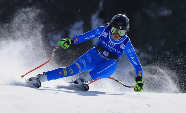 Italy's Laura Pirovano speeds down the course during an alpine ski, women's World Cup downhill, in Val di Fassa, Italy, Friday, March 6, 2026. (AP Photo/Luciano Bisi) CORRECTION: Date corrected to March 6, instead of February 27.