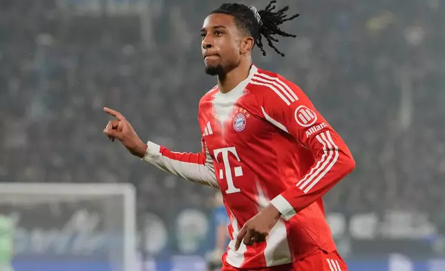 Bayern's Michael Olise celebrates after scoring his side's fifth goal during the Champions League round of 16 soccer match between Atalanta and FC Bayern Munich in Bergamo, Italy, Tuesday, March 10, 2026. (AP Photo/Luca Bruno)
