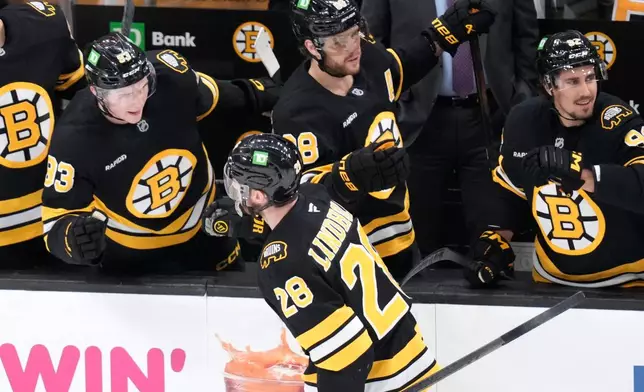 Boston Bruins center Elias Lindholm (28) is congratulated after his goal against the Toronto Maple Leafs during the first period of an NHL hockey game, Tuesday, March 24, 2026, in Boston. (AP Photo/Charles Krupa)
