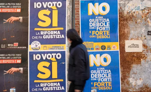 A man passes next to election posters as Italian citizens will be called on March 22th and 23th to approve or reject the constitutional reform of the judicial system introduced by the Meloni government, through a referendum that does not require a minimum voter turnout, in Milan, Italy, Friday, March 20, 2026. (AP Photo/Luca Bruno)