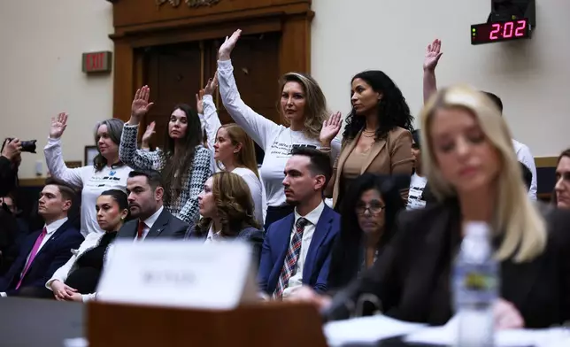 FILE - Attorney General Pam Bondi testifies before a House Judiciary Committee oversight hearing on Capitol Hill in Washington, Feb. 11, 2026, in front of survivors of convicted sex offended Jeffrey Epstein. (AP Photo/Tom Brenner, File)