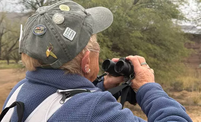 Group leader Marcia OBara checks the landscape for birds during an accessible birding walk at Feliz Paseos Park in Tucson, Ariz., on Feb. 4, 2026. (Anita Snow via AP)