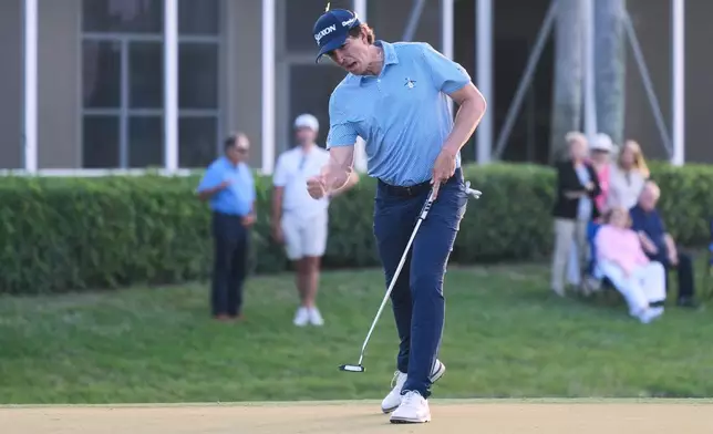 Nico Echavarria of Colombia reacts to his birdie putt on the 17th hole during the final round of the Cognizant Classic golf tournament, Sunday, March 1, 2026, in Palm Beach Gardens, Fla. (AP Photo/Marta Lavandier)