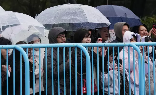 Visitors stand close to the fence to see Punch, a Japanese macaque born on July 26, 2025 in the monkeys' playground at the Ichikawa city zoo in Tokyo's eastward neighboring city, Tuesday, March 3, 2026. (AP Photo/Hiro Komae)