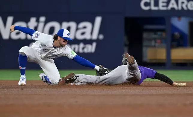 Toronto Blue Jays infielder Ernie Clement (22) tags out Colorado Rockies outfielder Hunter Goodman (15) on an attempted stolen base to end the fifth inning of interleague baseball in Toronto, Monday, March 30, 2026. (Jon Blacker/The Canadian Press via AP)