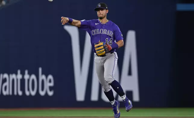 Colorado Rockies infielder Ezequiel Tovar throws to first base to put out Toronto Blue Jays catcher Alejandro Kirk in second-inning baseball game action in Toronto, Monday, March 30, 2026. (Jon Blacker/The Canadian Press via AP)